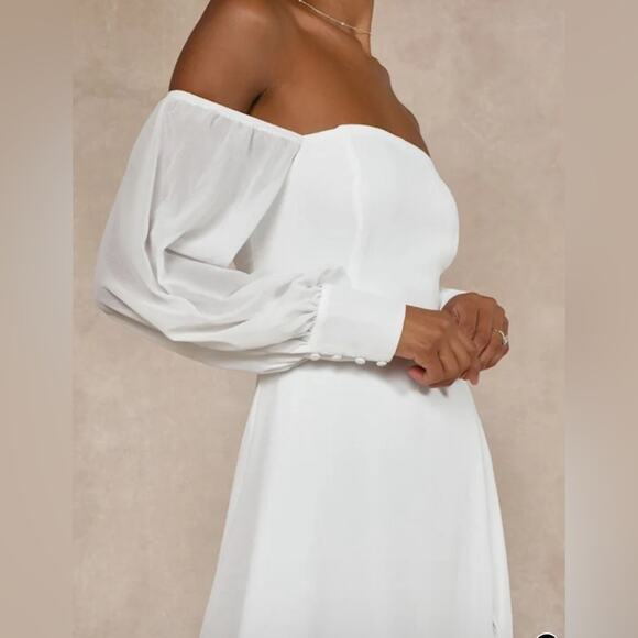 Lulus Wm's Feel the Romance White Off-the-Shoulder Chiffon Maxi Dress Sz L #613 - Picture 2 of 8